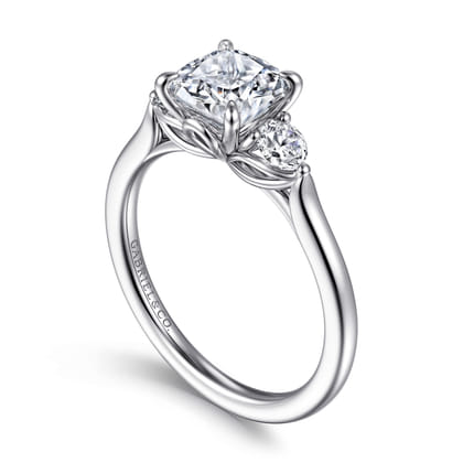 Madison - 14K White Gold Cushion Cut Three Stone Lotus Diamond Engagement Ring