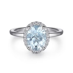 Maeva - 14K White Gold Oval Halo Aquamarine and Diamond Engagement Ring