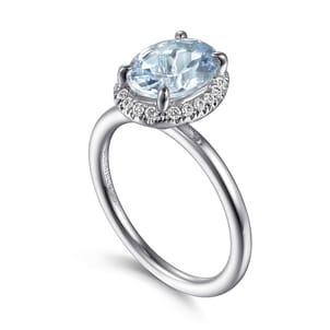 Maeva - 14K White Gold Oval Halo Aquamarine and Diamond Engagement Ring