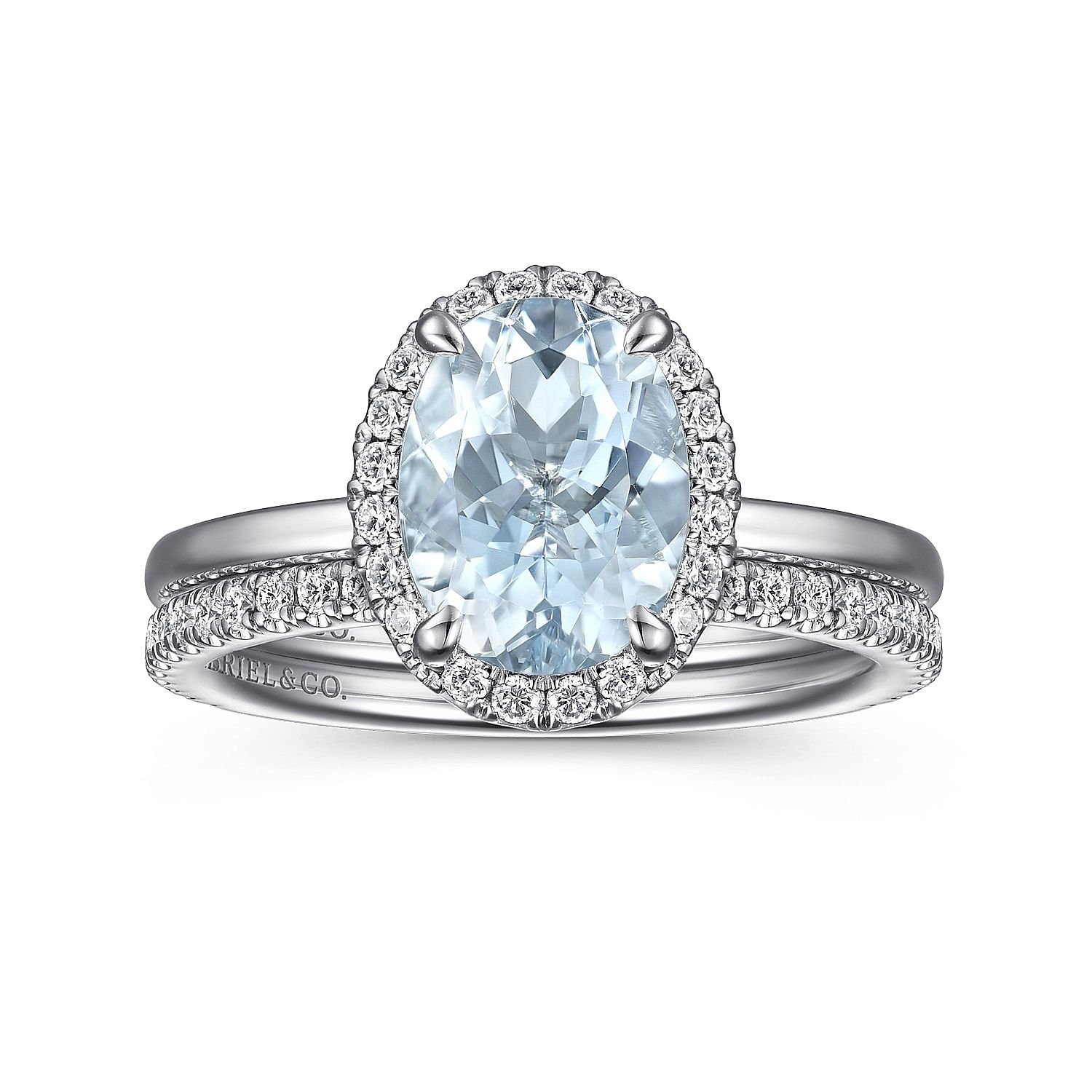 Maeva - 14K White Gold Oval Halo Aquamarine and Diamond Engagement Ring