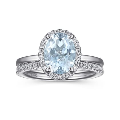 Maeva - 14K White Gold Oval Halo Aquamarine and Diamond Engagement Ring