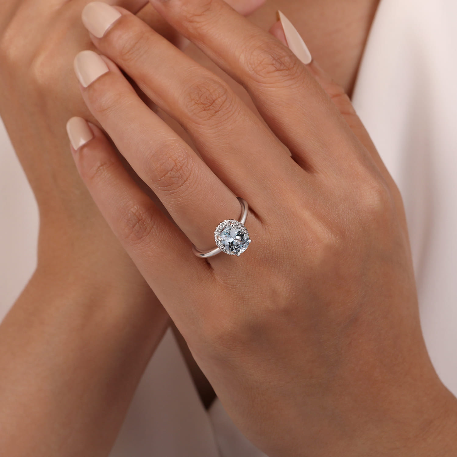 Maeva - 14K White Gold Oval Halo Aquamarine and Diamond Engagement Ring