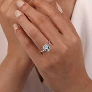 Maeva - 14K White Gold Oval Halo Aquamarine and Diamond Engagement Ring