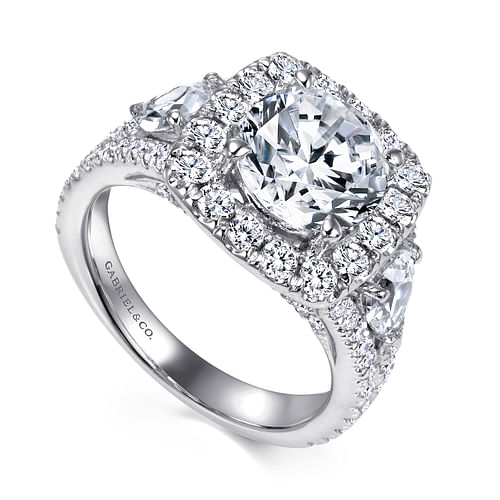 Maia - 14K White Gold Round 3 Stone Halo Diamond Engagement Ring - 1.93 ct - Shot 3