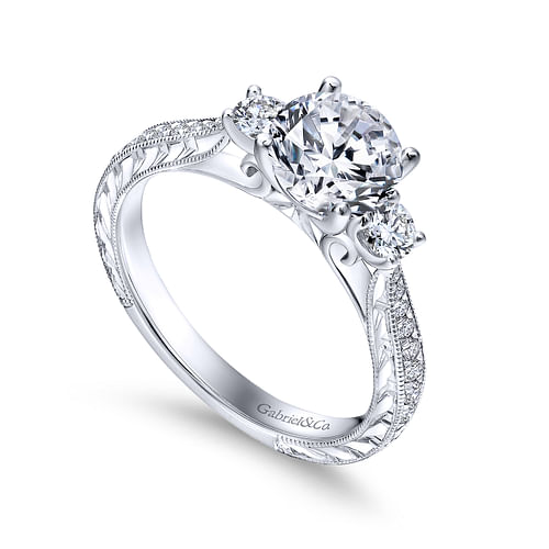 Marianna - Vintage Inspired 14K White Gold Round Three Stone Diamond Engagement Ring - 0.37 ct - Shot 3