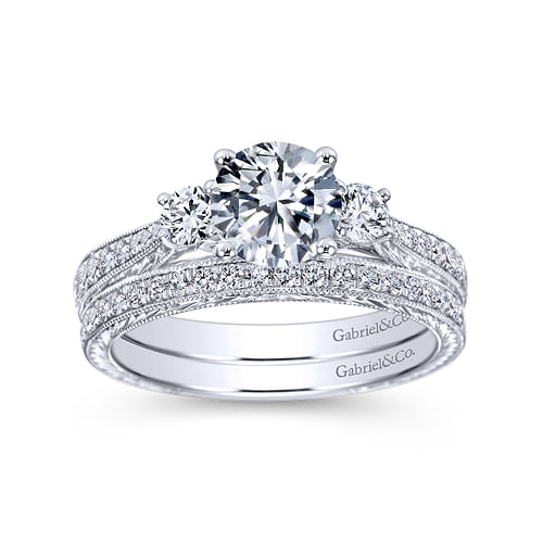 Marianna - Vintage Inspired 14K White Gold Round Three Stone Diamond Engagement Ring - 0.37 ct - Shot 4