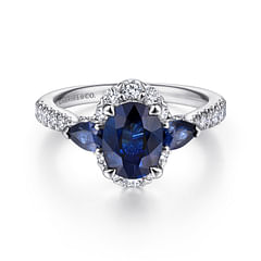 Marietta - 14K White Gold Oval Halo Sapphire and Diamond Engagement Ring