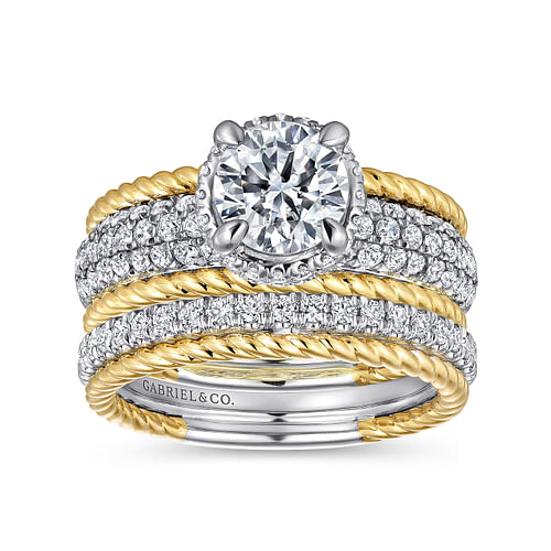 Marina - 14K White-Yellow Gold Round Wide Band Diamond Engagement Ring - 0.76 ct - Shot 4