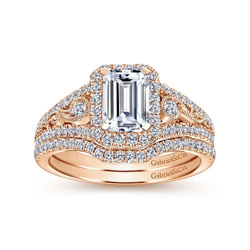 Marlena - Vintage Inspired 14K Rose Gold Emerald Halo Diamond Engagement Ring - 0.46 ct - Shot 4