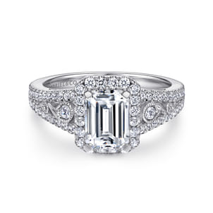 Marlena - Vintage Inspired 14K White Gold Emerald Halo Diamond Engagement Ring
