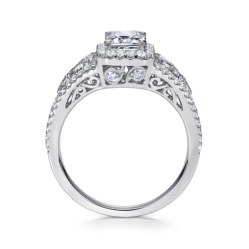 Marlena - Vintage Inspired 14K White Gold Emerald Halo Diamond Engagement Ring - 0.46 ct - Shot 2