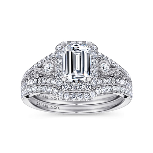 Marlena - Vintage Inspired 14K White Gold Emerald Halo Diamond Engagement Ring - 0.46 ct - Shot 4
