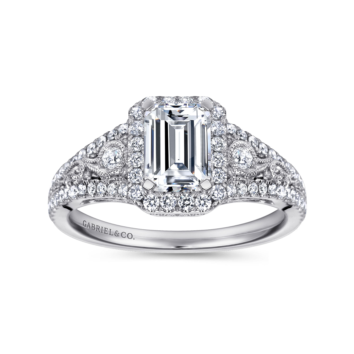 Marlena - Vintage Inspired 14K White Gold Emerald Halo Diamond Engagement Ring