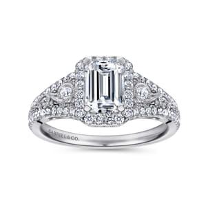 Marlena - Vintage Inspired 14K White Gold Emerald Halo Diamond Engagement Ring