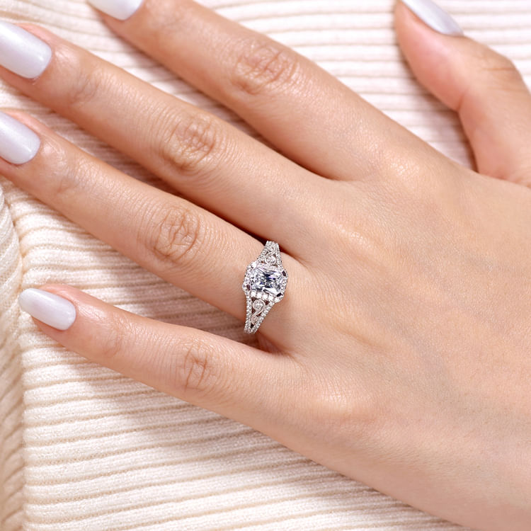Marlena - Vintage Inspired 14K White Gold Emerald Halo Diamond Engagement Ring