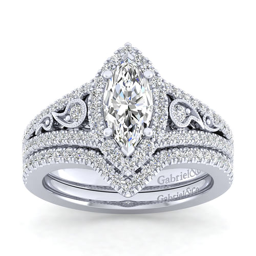 Marlena - Vintage Inspired 14K White Gold Marquise Halo Diamond Engagement Ring - 0.46 ct - Shot 4