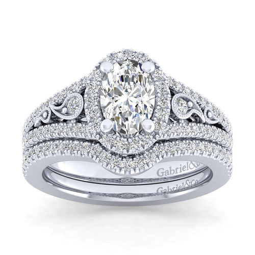 Marlena - Vintage Inspired 14K White Gold Oval Halo Diamond Engagement Ring - 0.44 ct - Shot 4