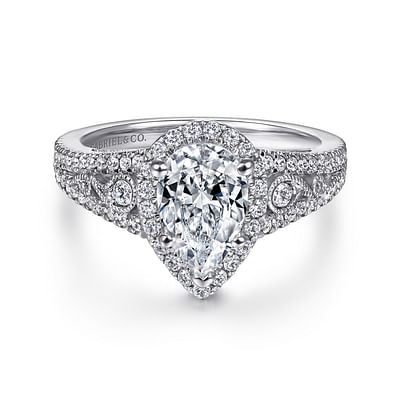 Marlena - Vintage Inspired 14K White Gold Pear Shape Halo Diamond Engagement Ring