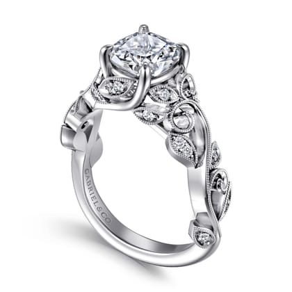 Martedi - 14K White Gold Floral Cushion Cut Diamond Engagement Ring