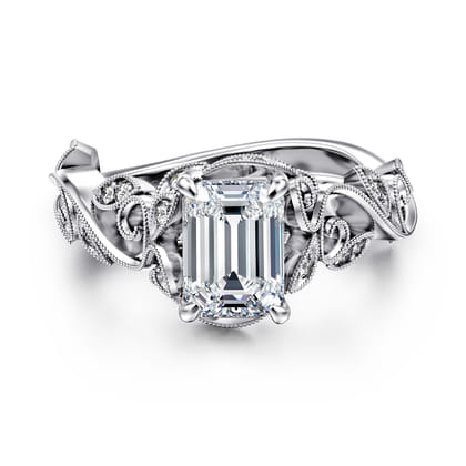 Martedi - 14K White Gold Floral Emerald Cut Diamond Engagement Ring