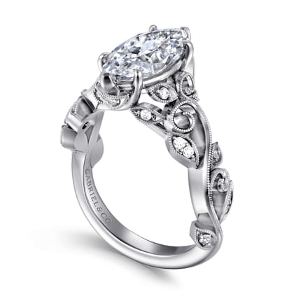 Martedi - 14K White Gold Floral Marquise Shape Diamond Engagement Ring