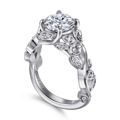 Martedi - 14K White Gold Floral Round Diamond Engagement Ring