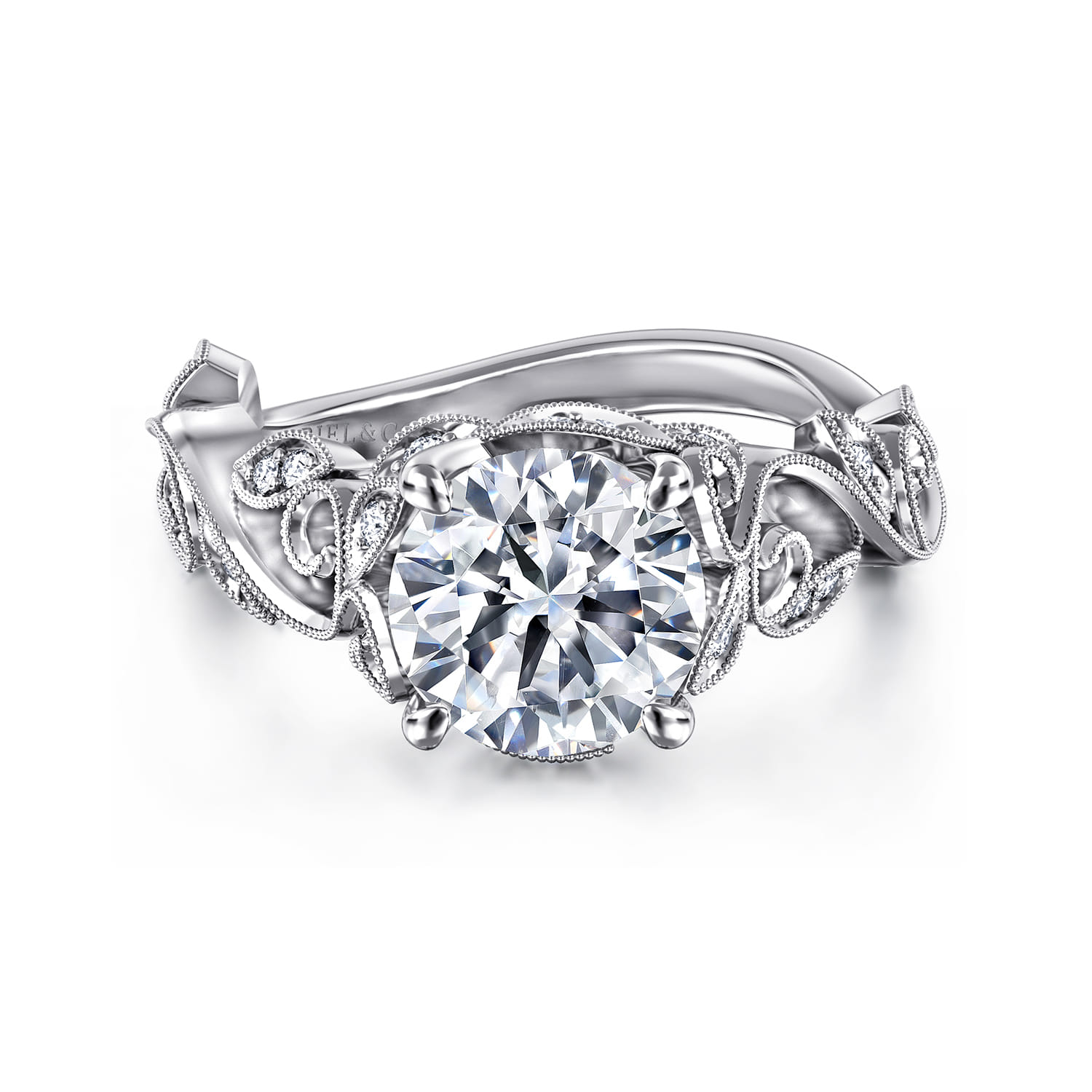 Martedi - 14K White Gold Floral Round Diamond Engagement Ring