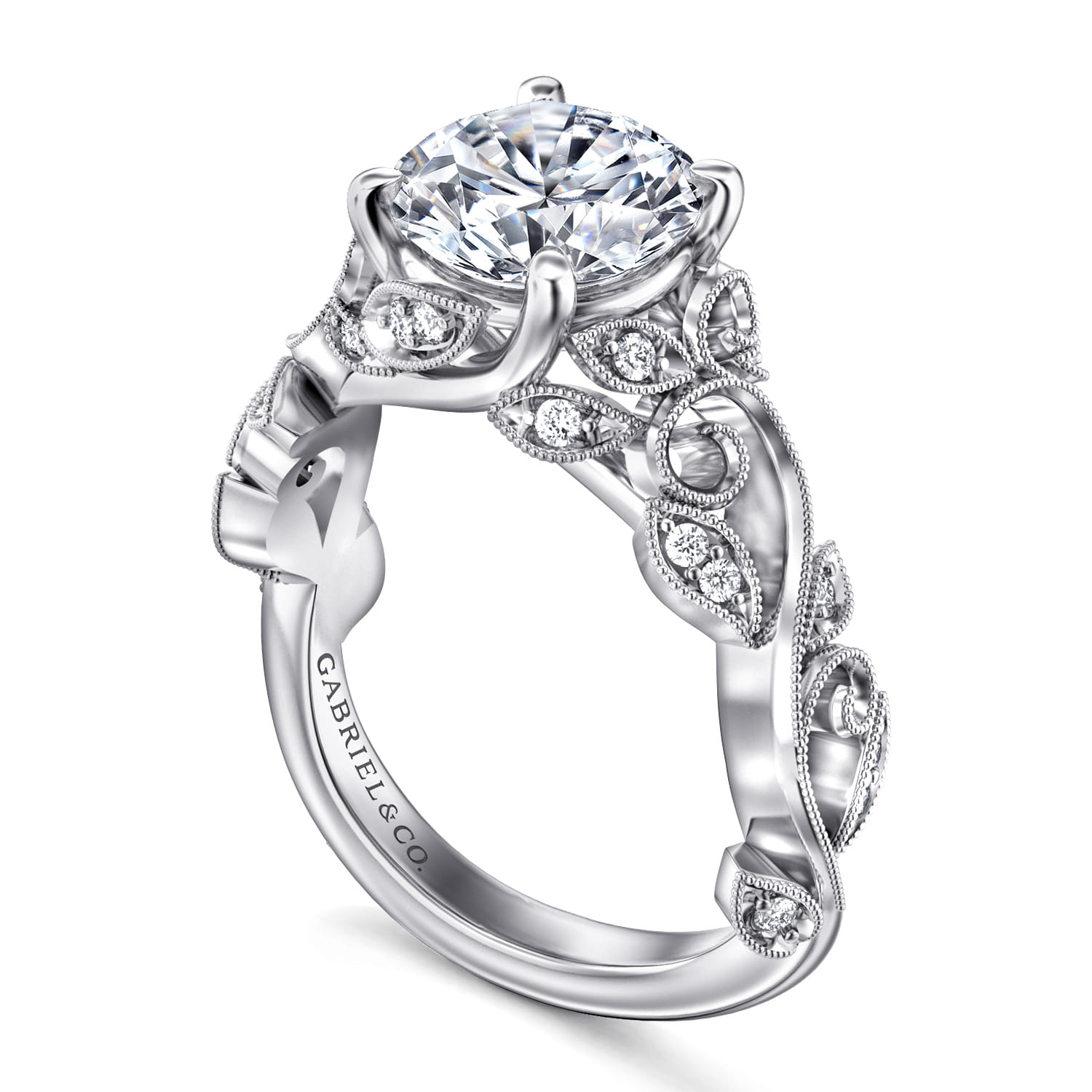 Martedi - 14K White Gold Floral Round Diamond Engagement Ring