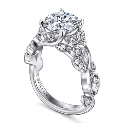 Martedi - 14K White Gold Floral Round Diamond Engagement Ring