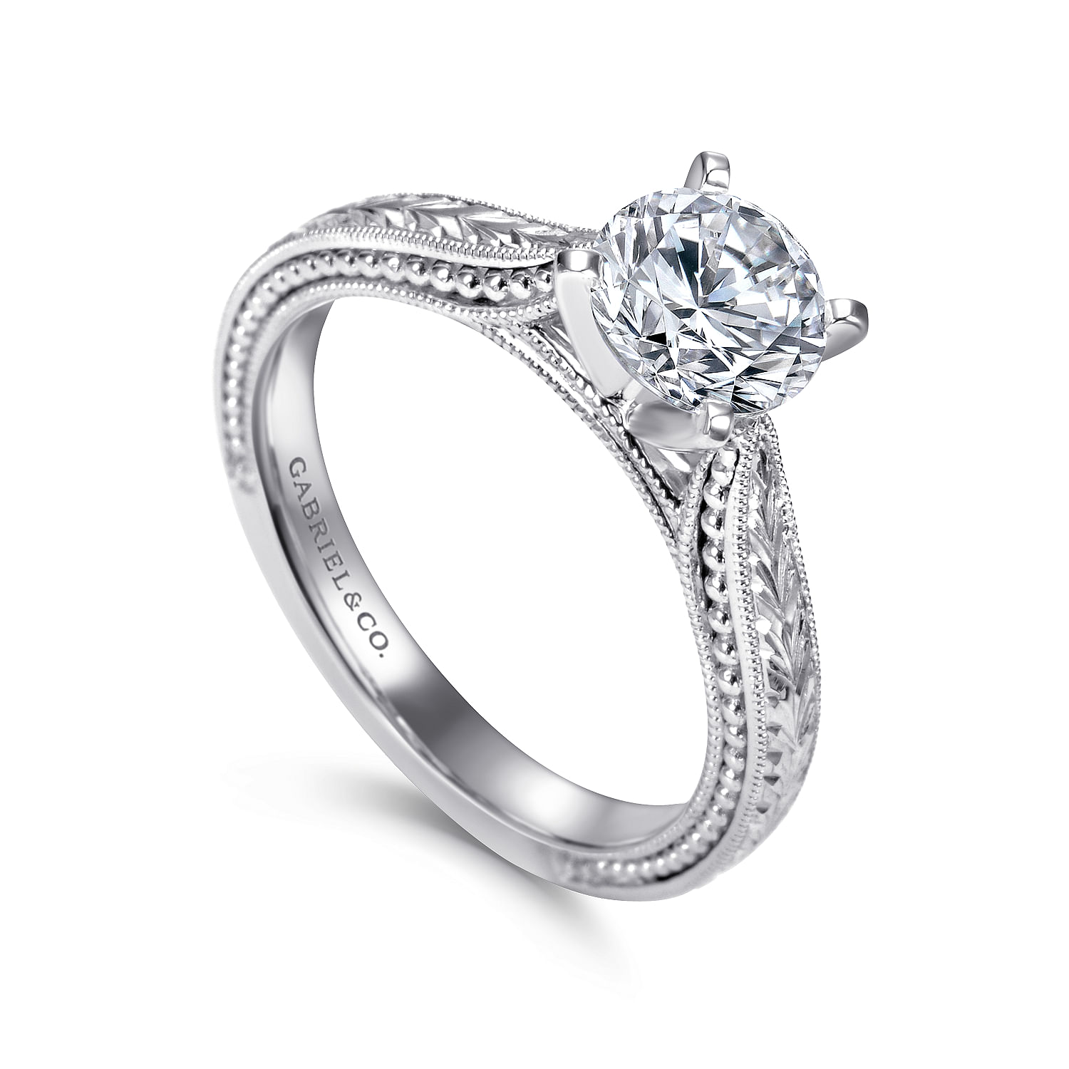 Maura - Vintage Inspired 14K White Gold Round Solitaire Engagement Ring - Shot 3