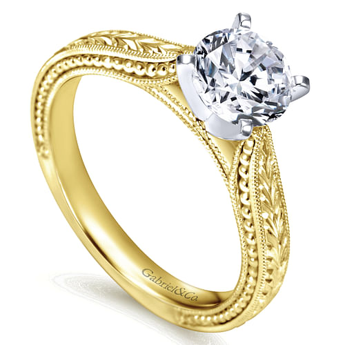 Maura - Vintage Inspired 14K White-Yellow Gold Round Solitaire Engagement Ring - Shot 3