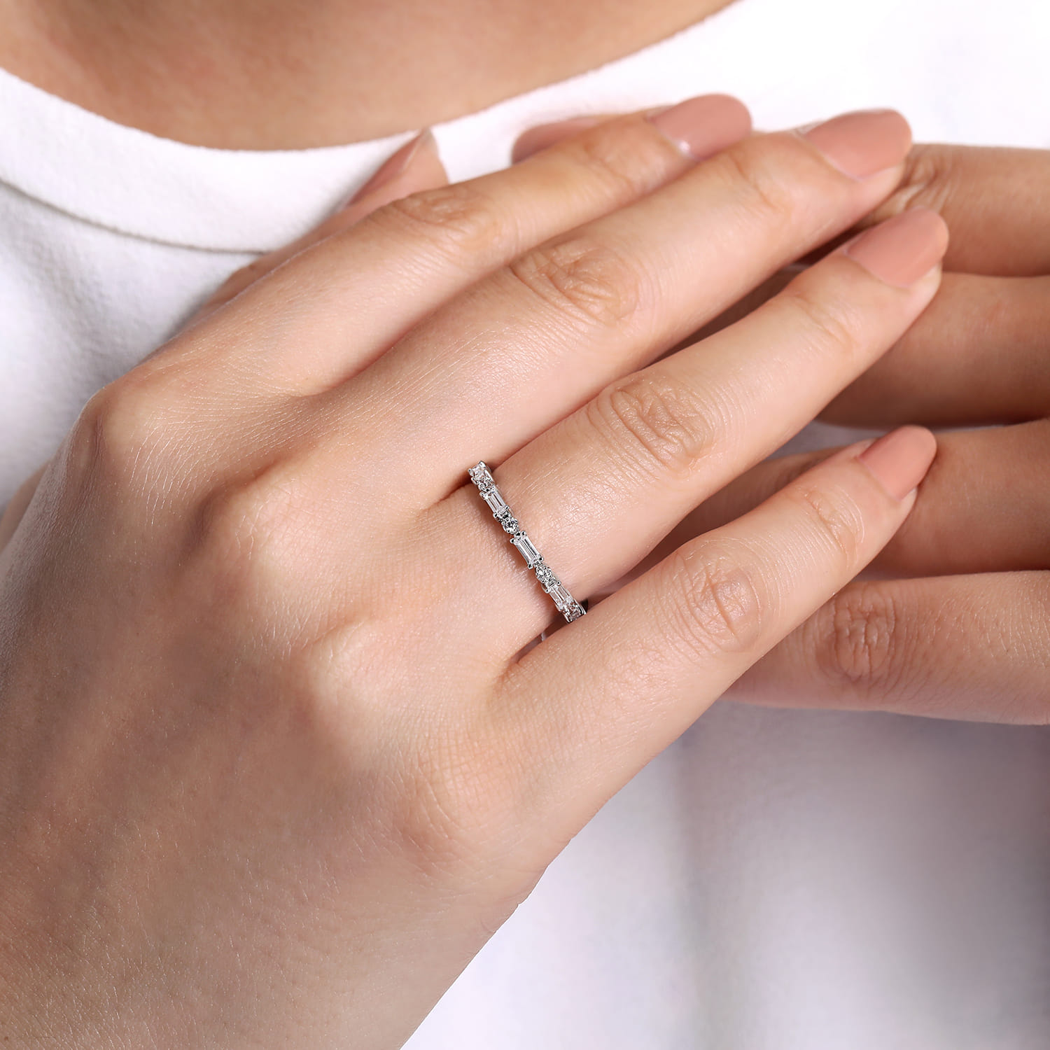 Mazara - 14K White Gold Baguette and Round Diamond Anniversary Band