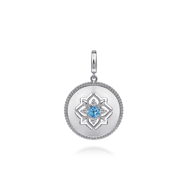 Medallion Pendant 925 Sterling Silver Blue Topaz and White Sapphire 24mm Bujukan - Shot 1