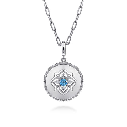 Medallion Pendant 925 Sterling Silver Blue Topaz and White Sapphire 24mm Bujukan