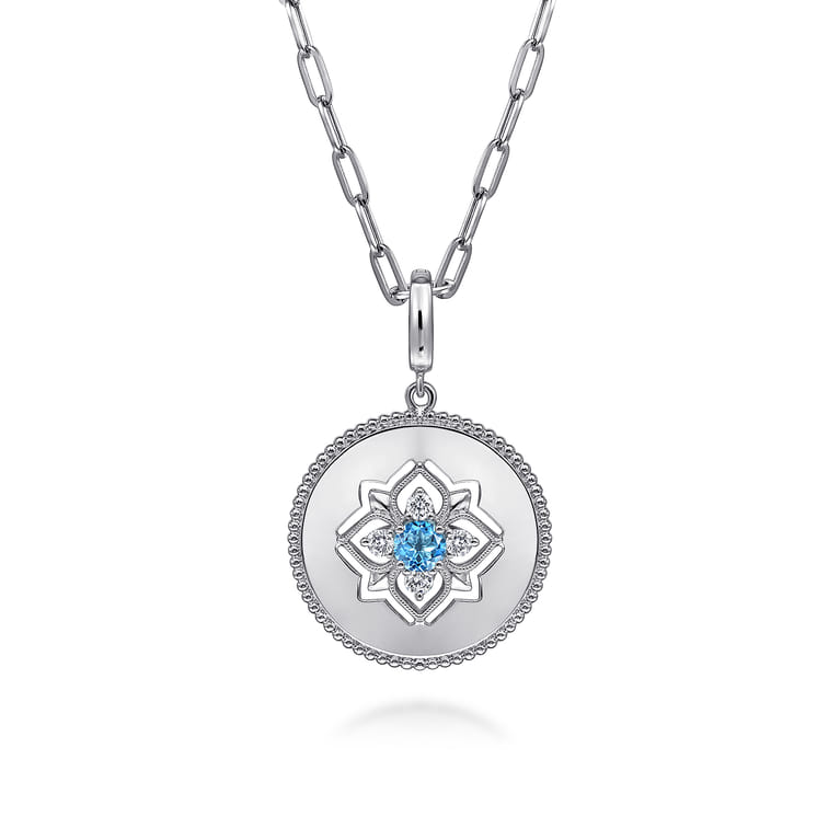 Medallion Pendant 925 Sterling Silver Blue Topaz and White Sapphire 24mm Bujukan - Shot 3