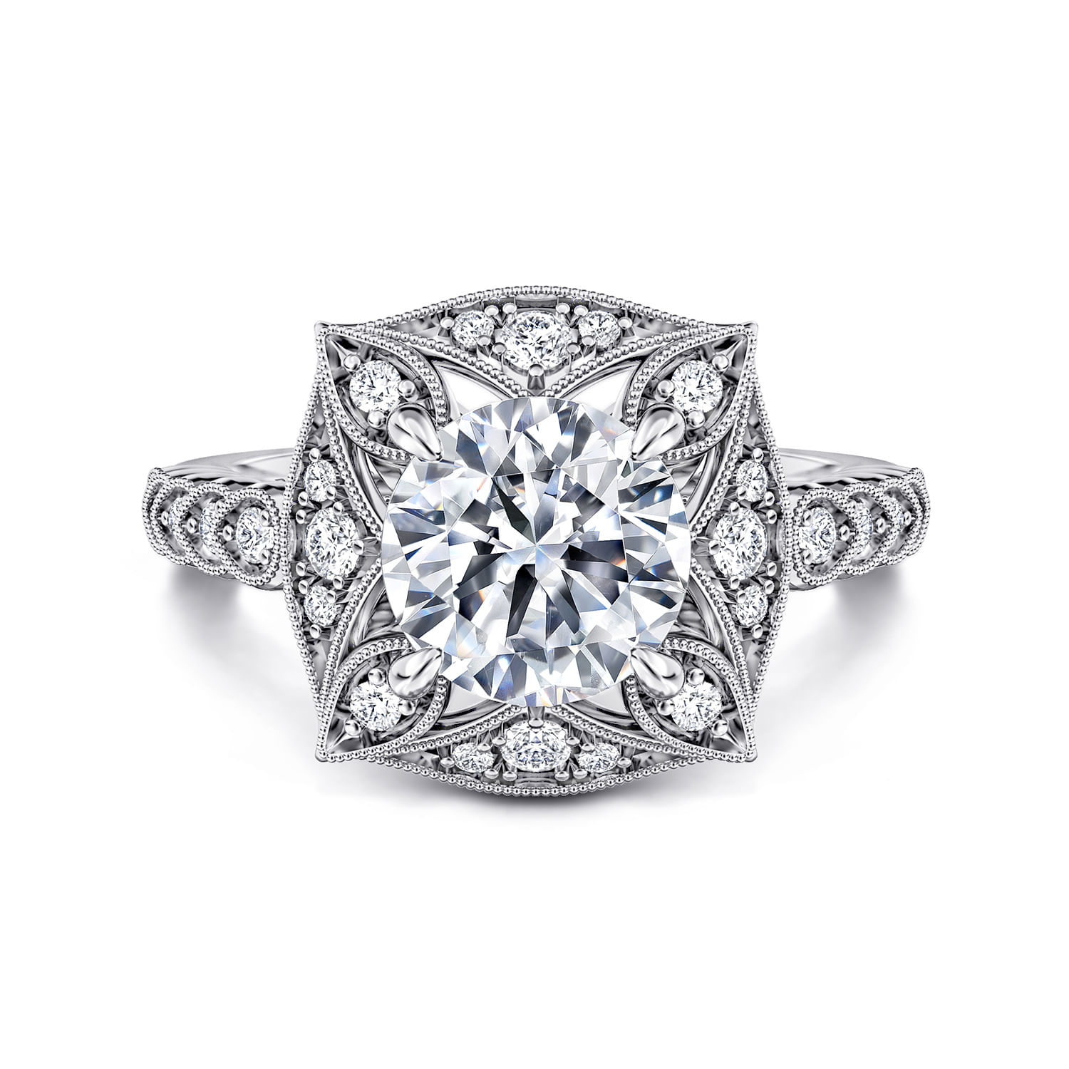 Memphis - Vintage Inspired 14K White Gold Round Halo Diamond Engagement Ring