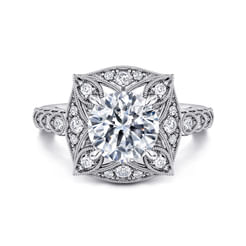 Vintage Inspired 14K White Gold Round Halo Diamond Engagement Ring