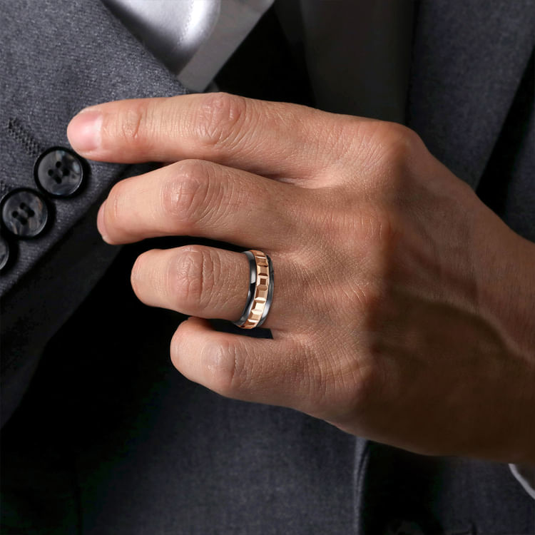 Mens Alternative 8mm Beveled Tantalum and 14K Rose Gold Band