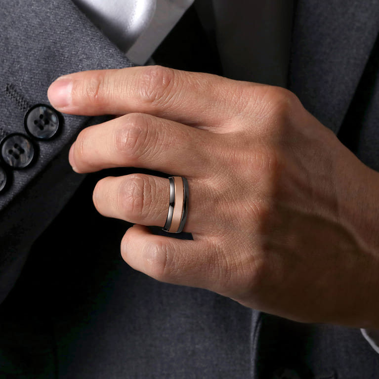 Mens Alternative 8mm Beveled Tantalum and 14K Rose Gold Band - Shot 5