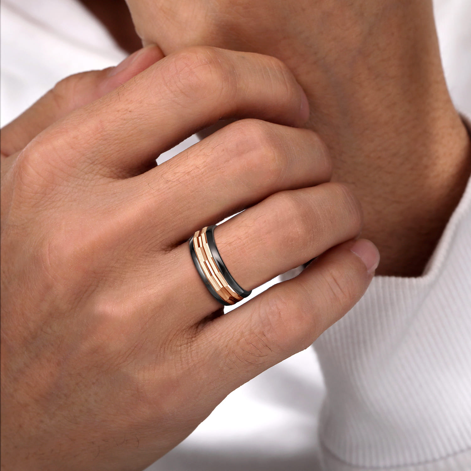 Mens Alternative 8mm Round Tantalum and 14K Rose Gold Band - Shot 5