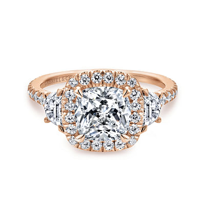 Mia - 14K Rose Gold Cushion Three Stone Halo Diamond Engagement Ring