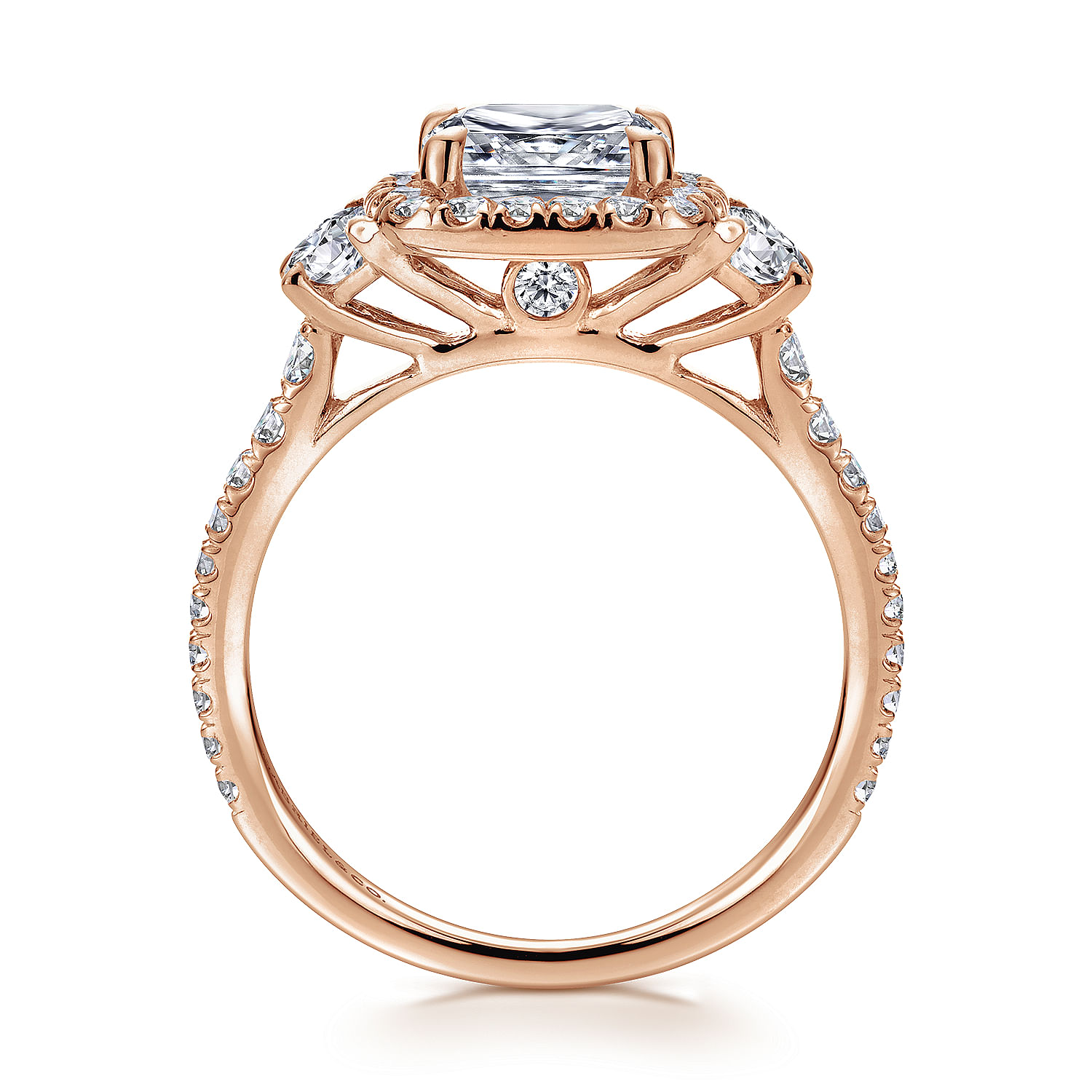 Mia - 14K Rose Gold Cushion Three Stone Halo Diamond Engagement Ring - 0.8 ct - Shot 2