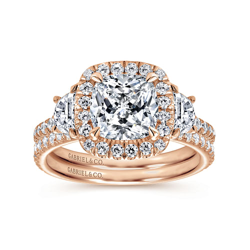 Mia - 14K Rose Gold Cushion Three Stone Halo Diamond Engagement Ring - 0.8 ct - Shot 4