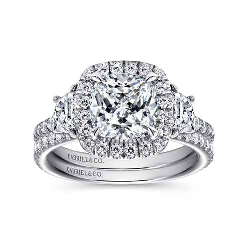 Mia - 14K White Gold Cushion Three Stone Halo Diamond Engagement Ring - 0.8 ct - Shot 4