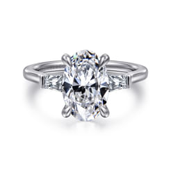 14K White Gold Oval Three Stone Lotus Diamond Engagement Ring