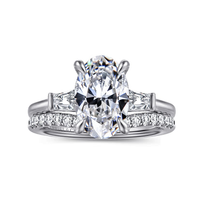 Miami - 14K White Gold Oval Three Stone Lotus Diamond Engagement Ring