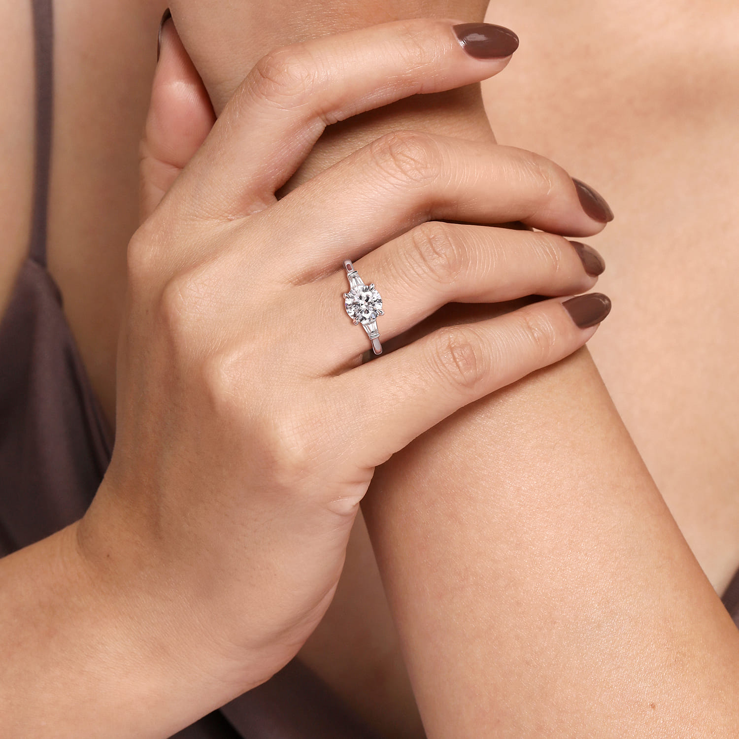 Miami - 14K White Gold Round Three Stone Lotus Diamond Engagement Ring