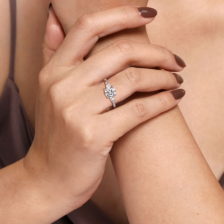 Miami - 14K White Gold Round Three Stone Lotus Diamond Engagement Ring