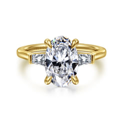 14K Yellow Gold Oval Three Stone Lotus Diamond Engagement Ring