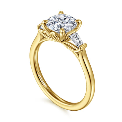 Miami - 14K Yellow Gold Oval Three Stone Lotus Diamond Engagement Ring